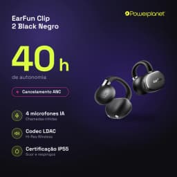 Auriculares EarFun Clip 2 open-ear pretos, design ergonômico clip, dois microfones, botões físicos, estojo compacto, indicação de 40 h e IP55
