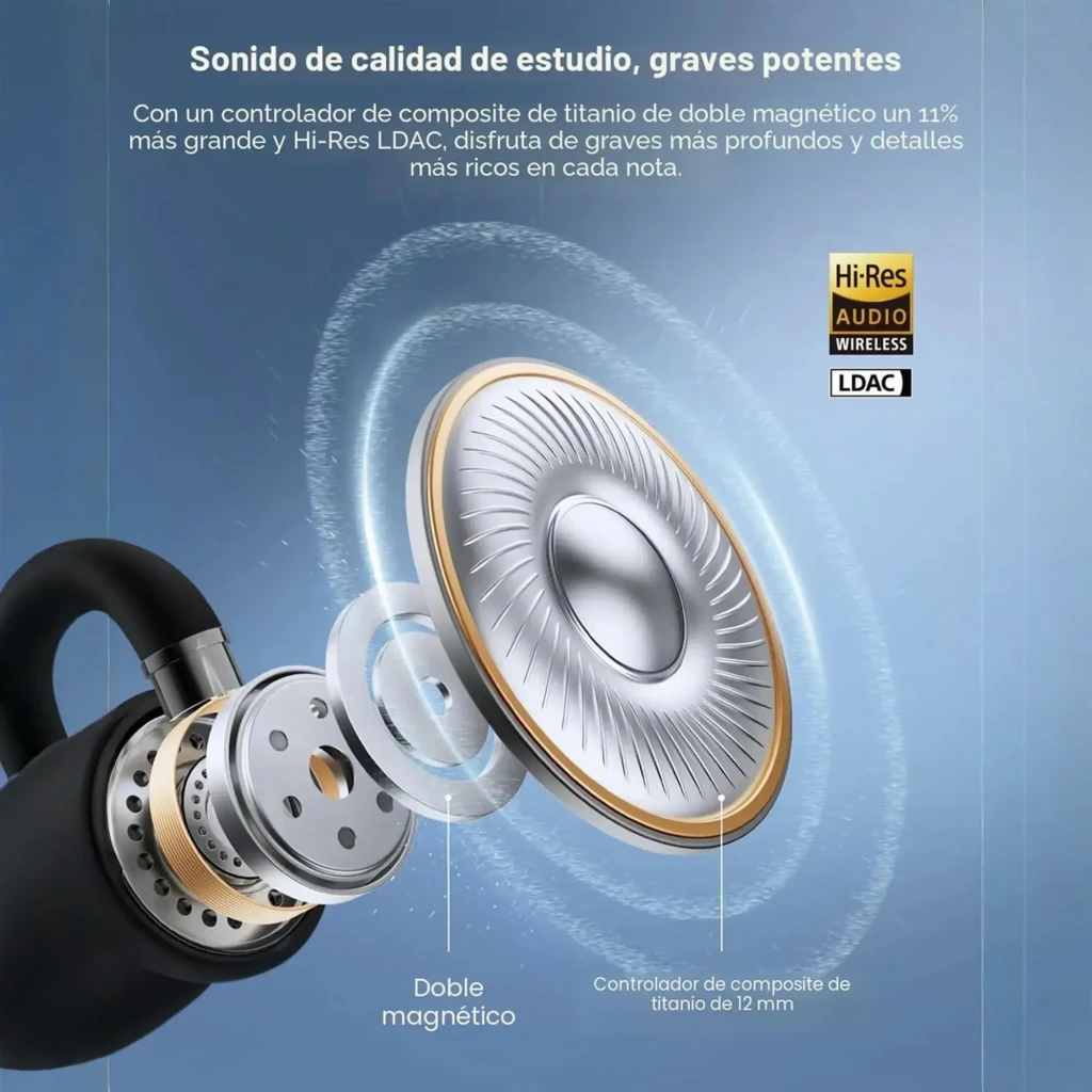 Auriculares EarFun Clip 2 Open-Ear blancos con diseño de gancho, cuerpo mate curvo, rejilla microperforada y detalles metálicos pulidos - Ítem4