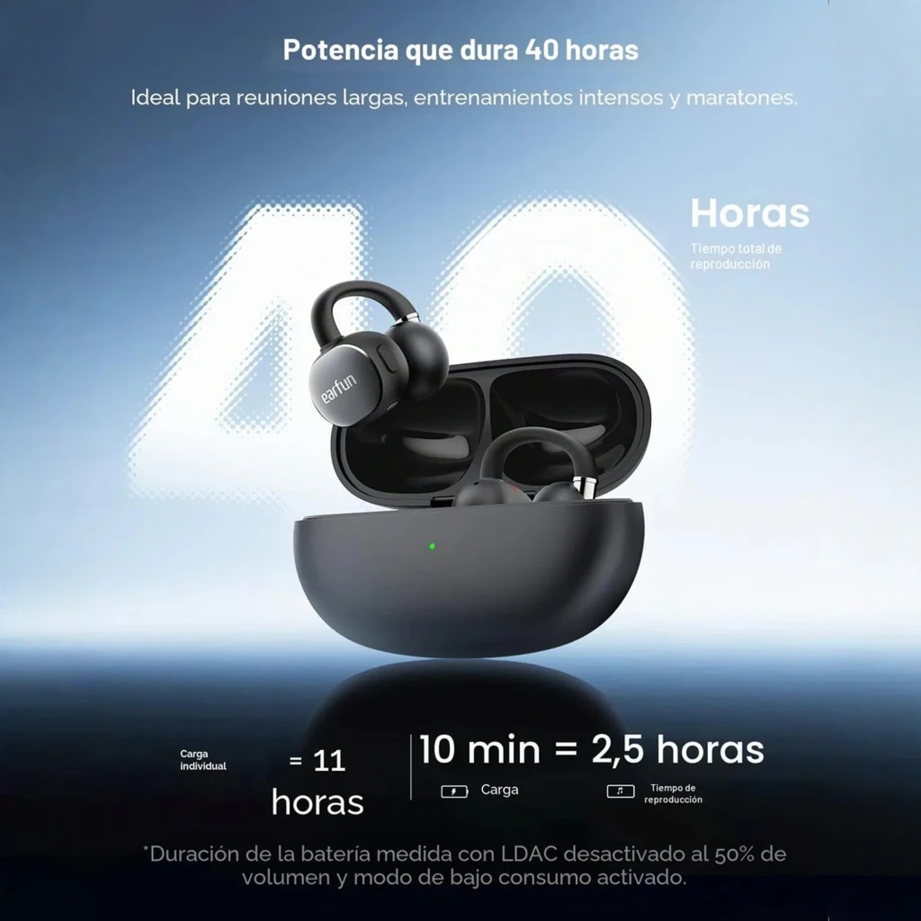 Auriculares EarFun Clip 2 Open-Ear negros con diseño de gancho ergonómico, carcasa mate, rejilla lateral perforada y botón plateado brillante en cada pieza - Ítem10