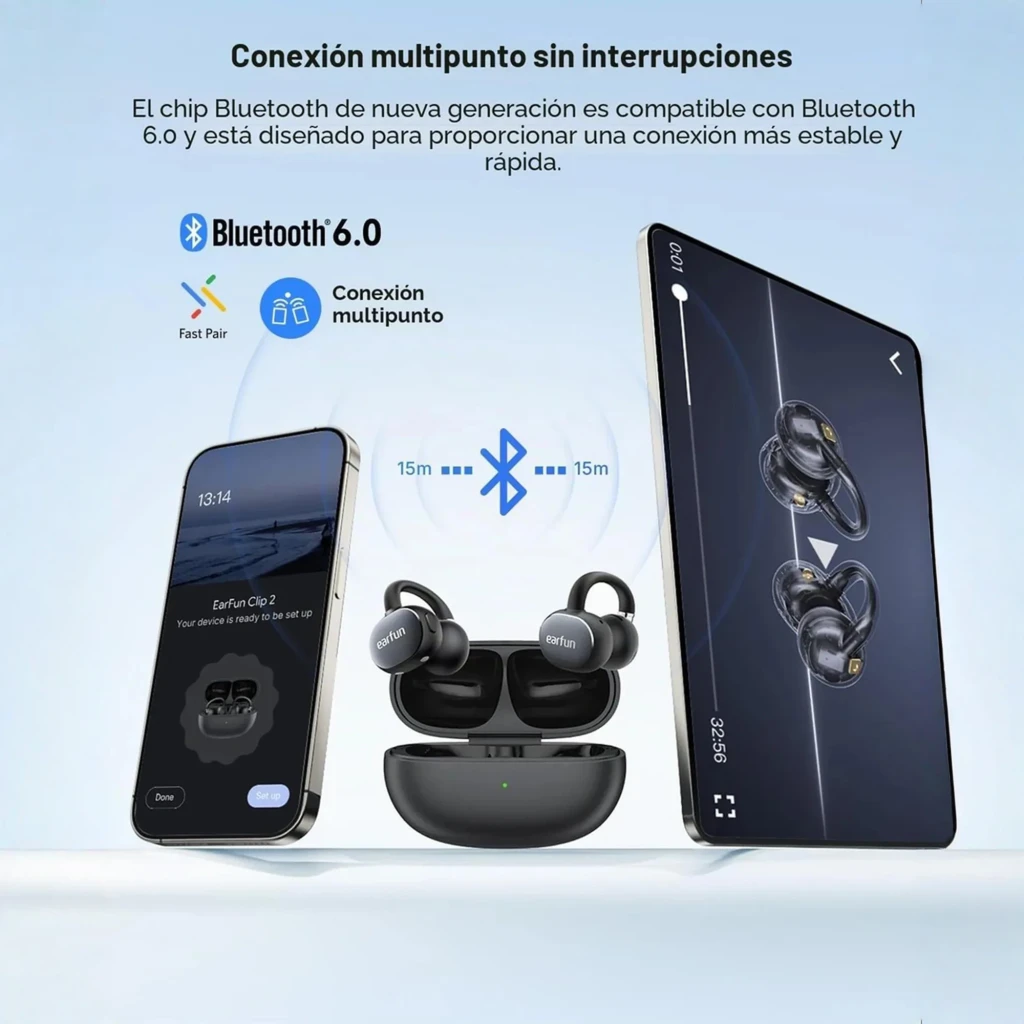 Auriculares EarFun Clip 2 Open-Ear blancos con diseño de gancho, cuerpo mate curvo, rejilla microperforada y detalles metálicos pulidos - Ítem6