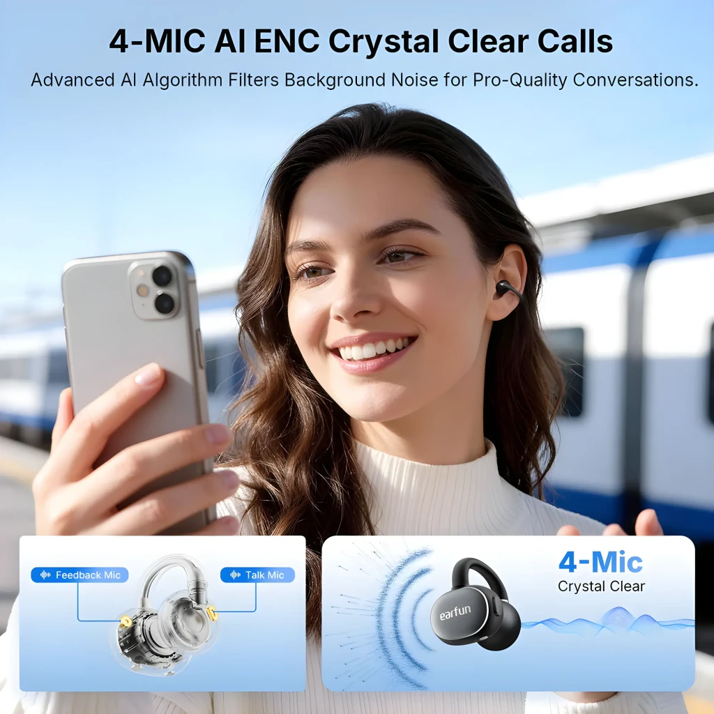 Auriculares EarFun Clip 2 Open-Ear blancos con diseño de gancho, cuerpo mate curvo, rejilla microperforada y detalles metálicos pulidos - Ítem7