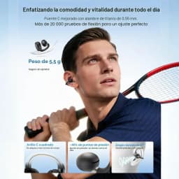 Auriculares EarFun Clip 2 Open-Ear pretos com gancho leve, design aberto para orelha, botões físicos, acabamento fosco e estojo compacto preto