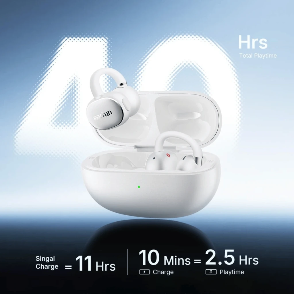 Auriculares EarFun Clip 2 Open-Ear blancos con diseño de gancho, cuerpo mate curvo, rejilla microperforada y detalles metálicos pulidos - Ítem8