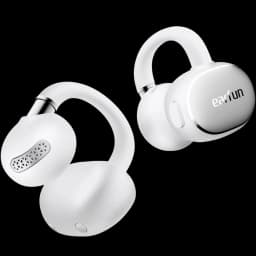 Auriculares EarFun Clip 2 Open-Ear brancos com design em gancho, acabamento fosco, grelha metálica perfurada e botões laterais discretos