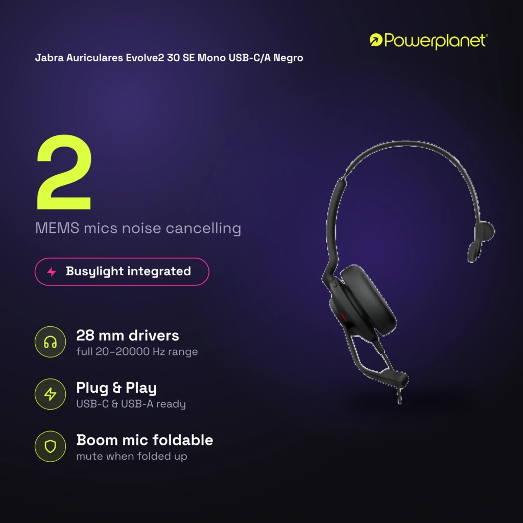 Jabra Evolve2 30 SE Mono negro, vista lateral: auricular con diadema ajustable y micrófono boom - Ítem7