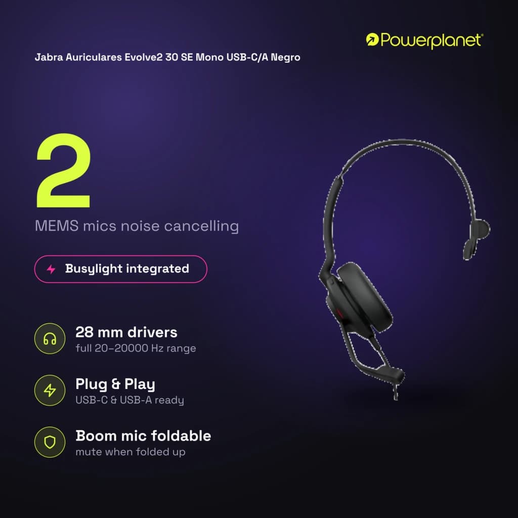 Jabra Auriculares Evolve2 30 SE Mono USB-C/A noir - caractéristiques