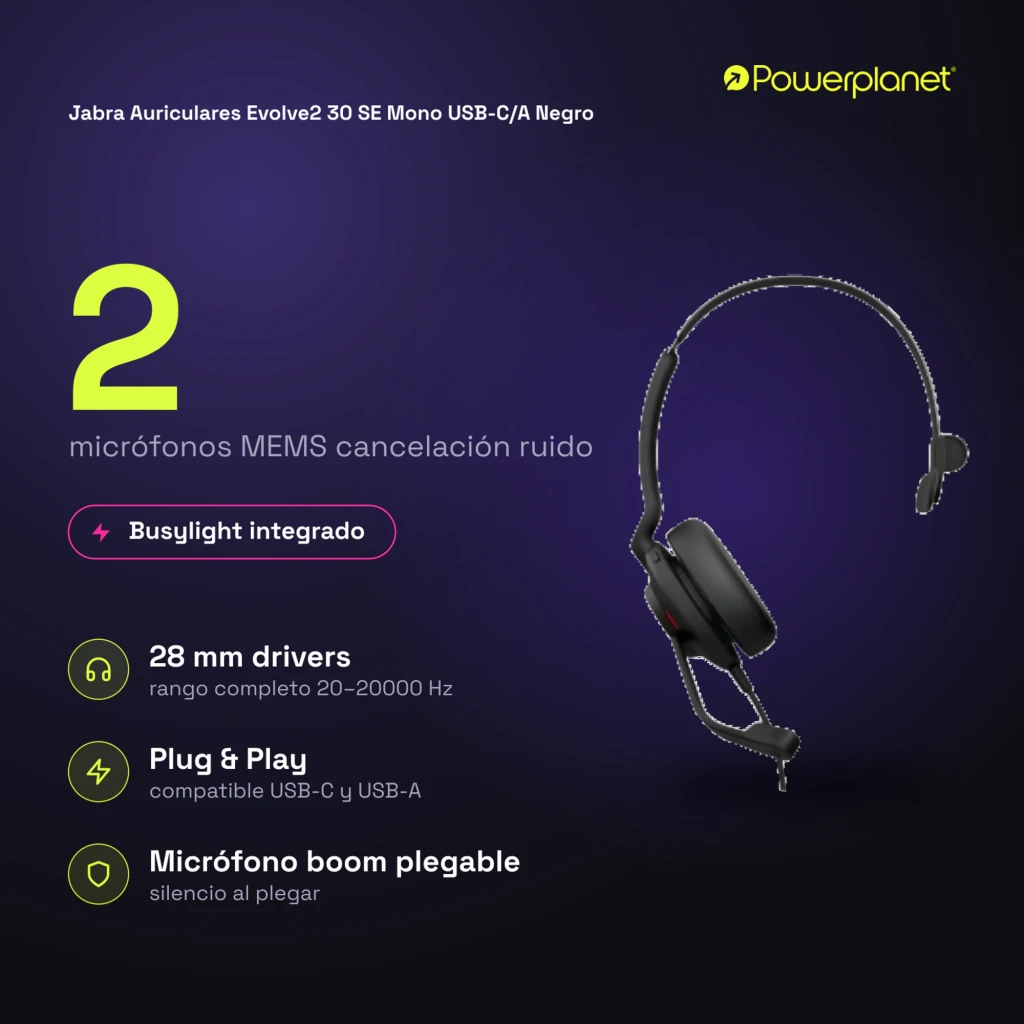 Jabra Evolve2 30 SE Mono negro, vista lateral: auricular con diadema ajustable y micrófono boom - Ítem4