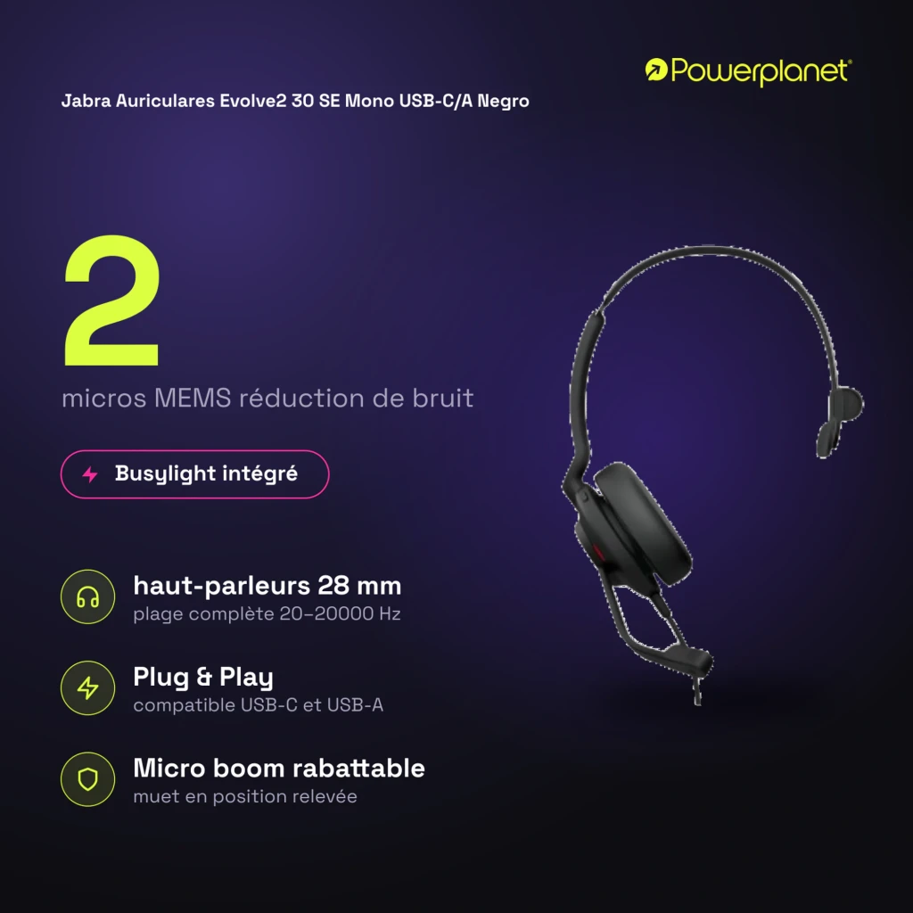 Jabra Evolve2 30 SE Mono negro, vista lateral: auricular con diadema ajustable y micrófono boom - Ítem6