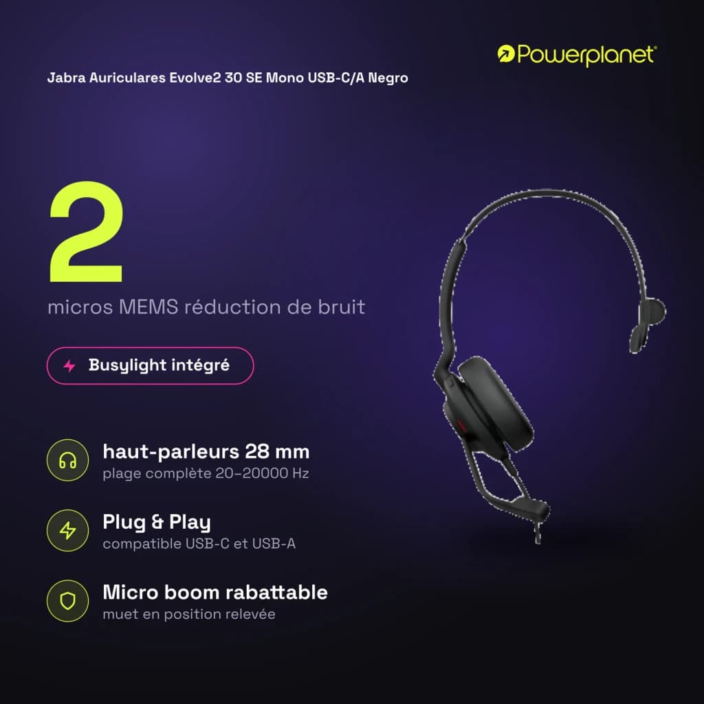 Jabra Auriculares Evolve2 30 SE Mono USB-C/A noir - caractéristiques