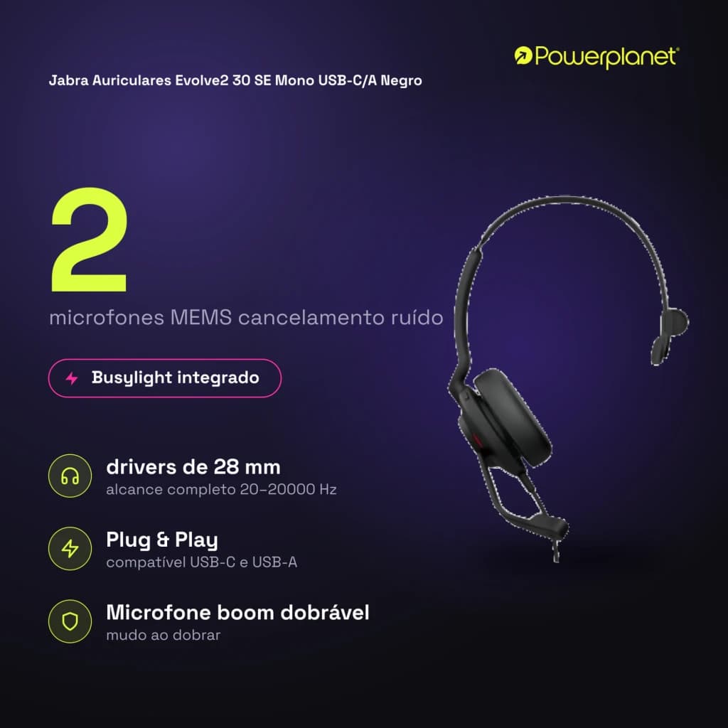 Jabra Auriculares Evolve2 30 SE Mono USB-C/A noir - caractéristiques