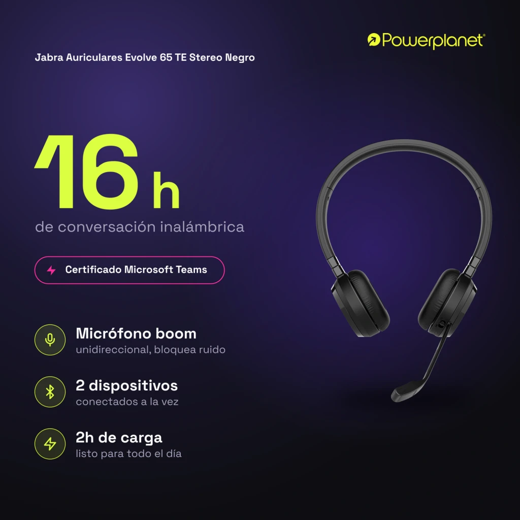 Jabra Evolve 65 TE Stereo negro, vista frontal: auriculares con diadema y micrófono boom - Ítem4