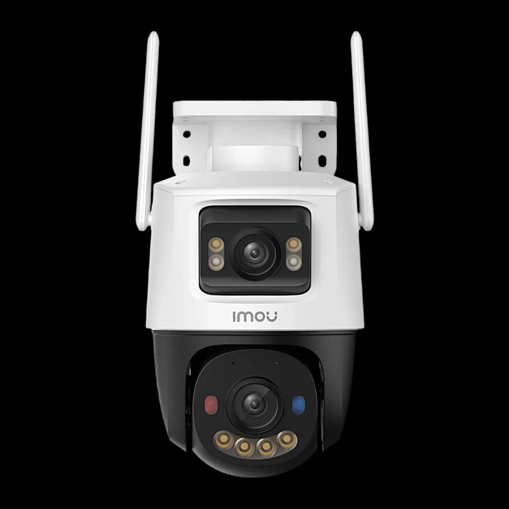 Imou Cruiser Dual 2 6MP 512GB Blanco, vista frontal: dos módulos de cámara centrados, LEDs y dos antenas simétricas