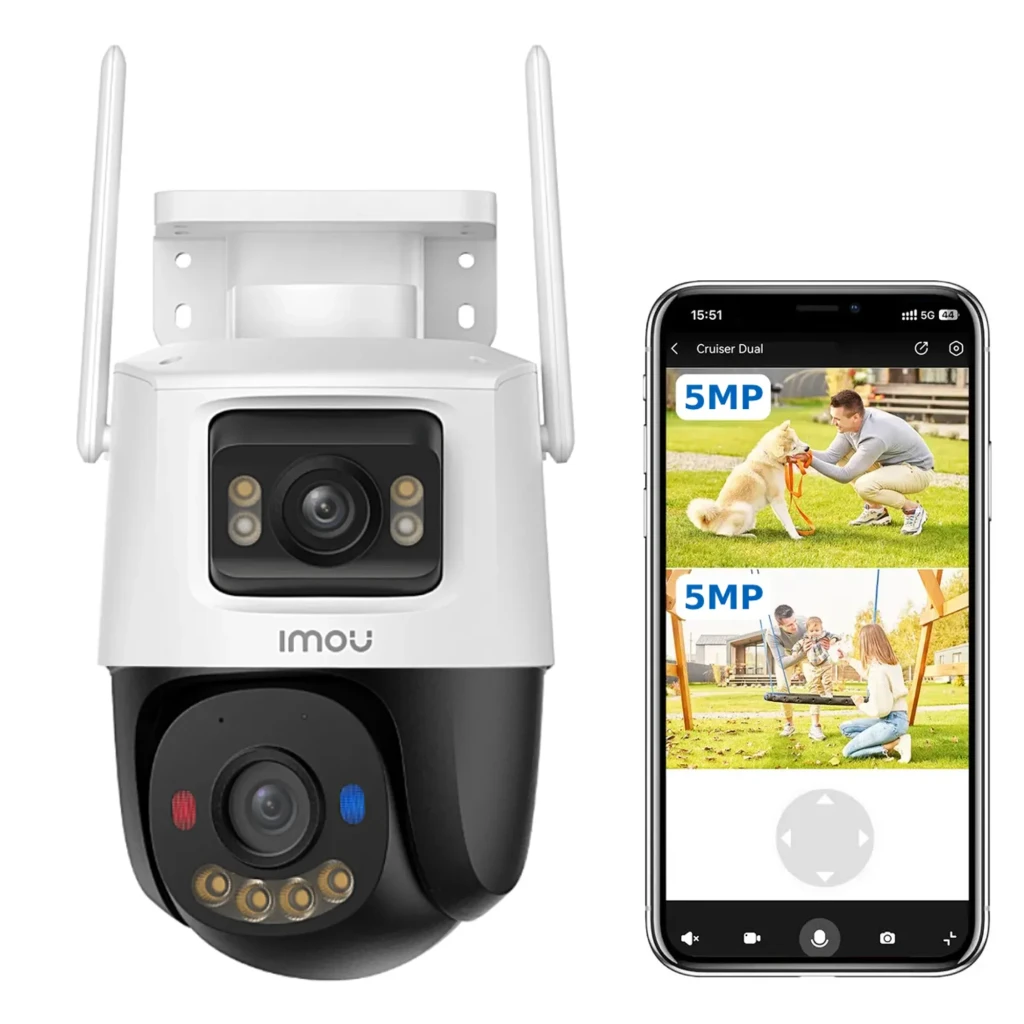 Imou Cruiser Dual 2 6MP 512GB Blanc, vue de face: deux modules caméra centrés, LEDs et deux antennes symétriques - Ítem6