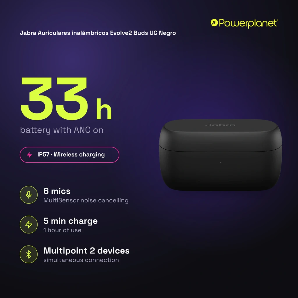Jabra Evolve2 Buds UC noir, vue en perspective: écouteurs dans l'étui de charge ouvert - Ítem5
