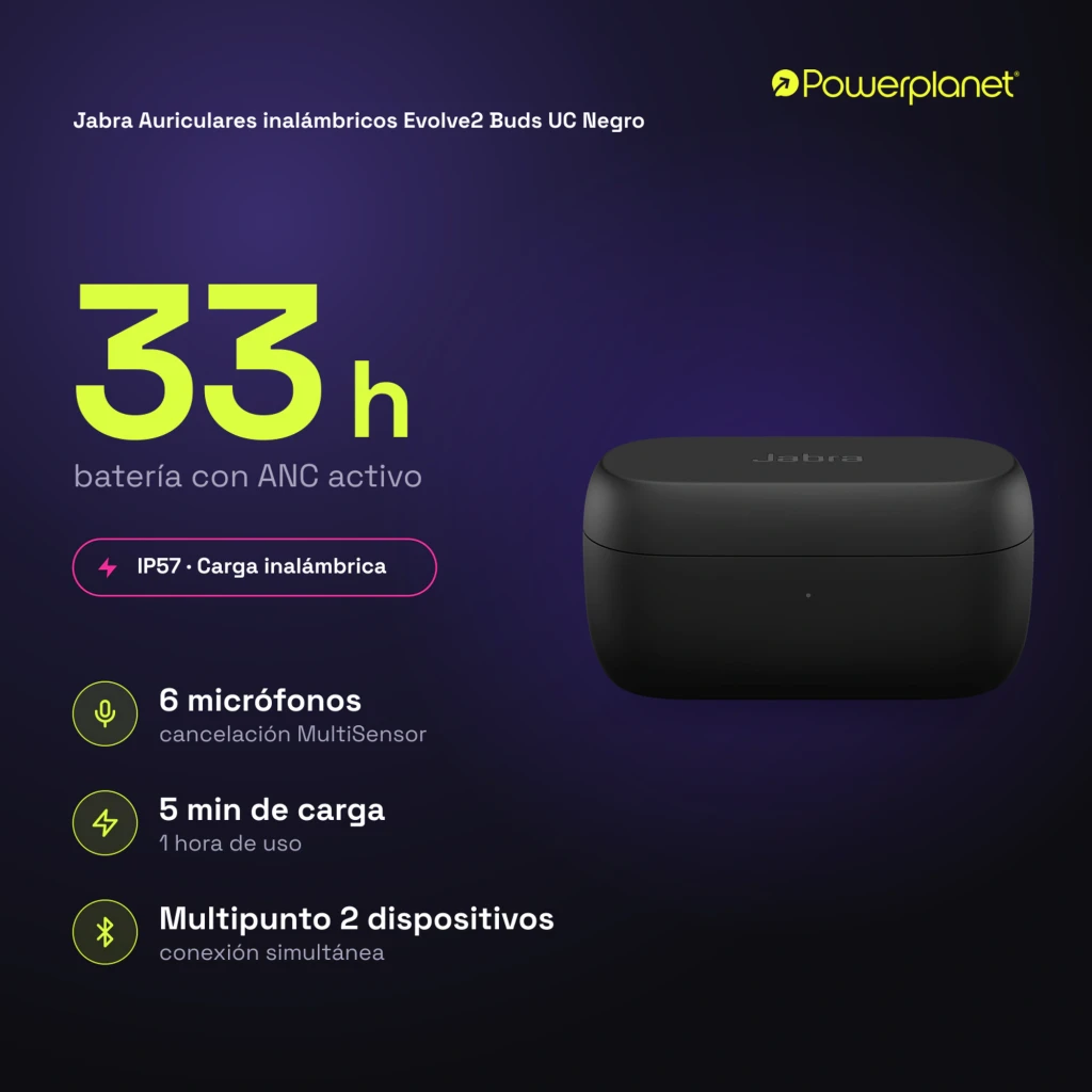 Jabra Evolve2 Buds UC noir, vue en perspective: écouteurs dans l'étui de charge ouvert - Ítem2