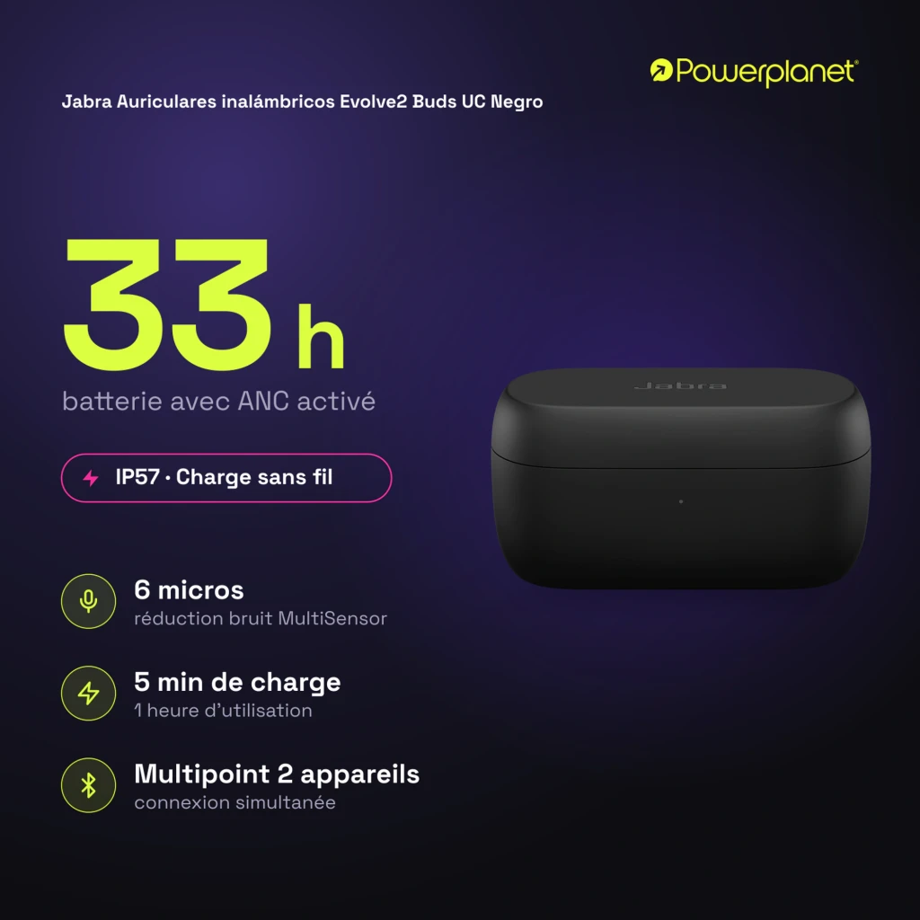 Jabra Evolve2 Buds UC noir, vue en perspective: écouteurs dans l'étui de charge ouvert - Ítem4