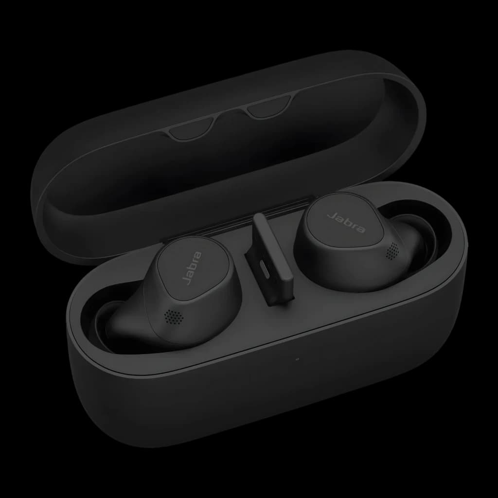 Jabra Evolve2 Buds UC noir, vue en perspective: écouteurs dans l'étui de charge ouvert