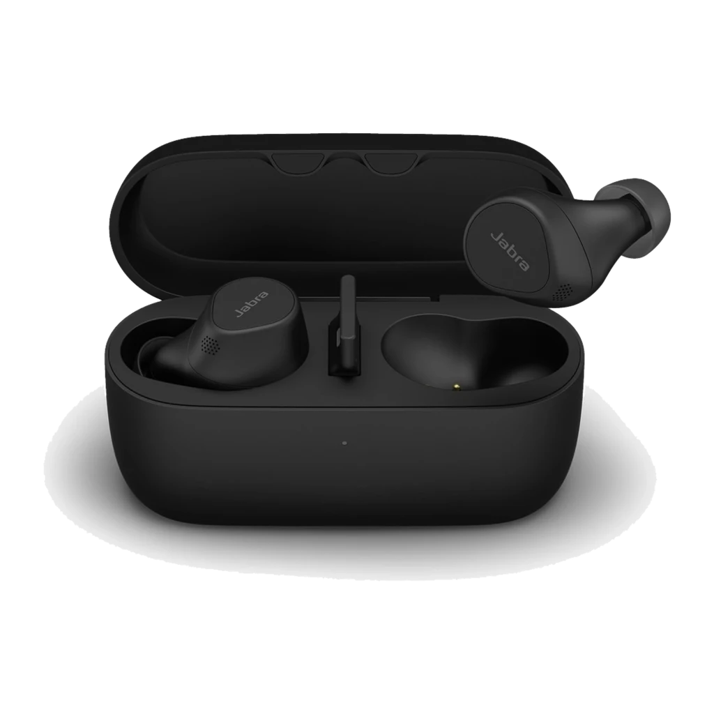 Jabra Evolve2 Buds UC noir, vue en perspective: écouteurs dans l'étui de charge ouvert - Ítem1