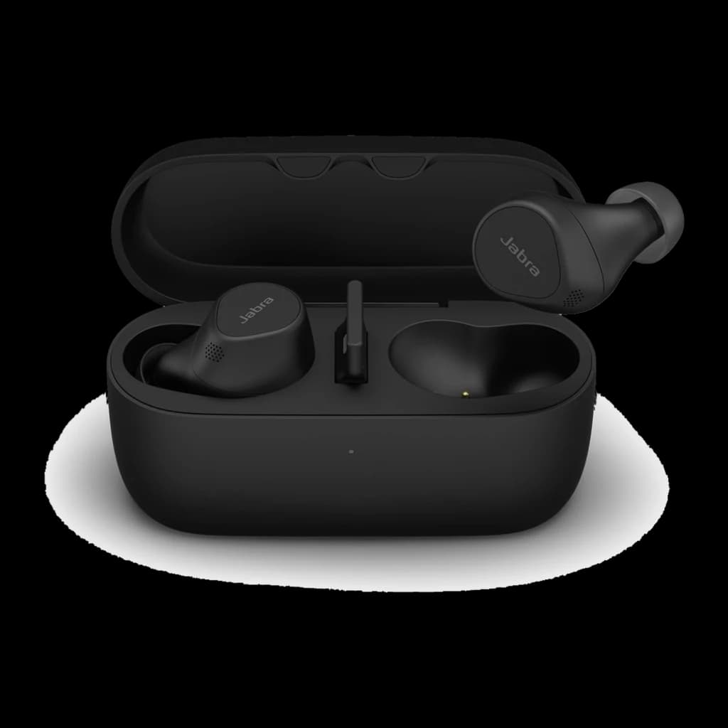 Jabra Evolve2 Buds UC noir, étui ouvert: deux écouteurs et tige de charge