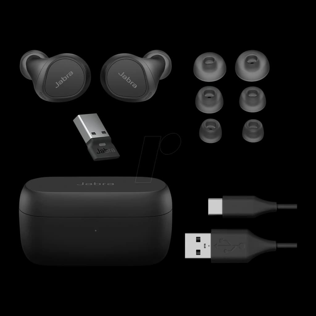 Jabra Evolve2 Buds UC noir, contenu de la boîte: écouteurs, étui, adaptateur USB, embouts et câbles USB-C et USB-A