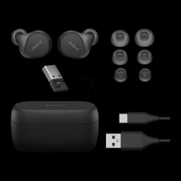 Jabra Evolve2 Buds UC noir, contenu de la boîte: écouteurs, étui, adaptateur USB, embouts et câbles USB-C et USB-A