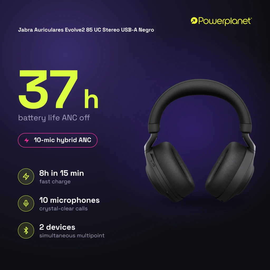 Jabra Evolve2 85 UC Stereo USB-A negro, vista frontal: auriculares con diadema y almohadillas - Ítem5