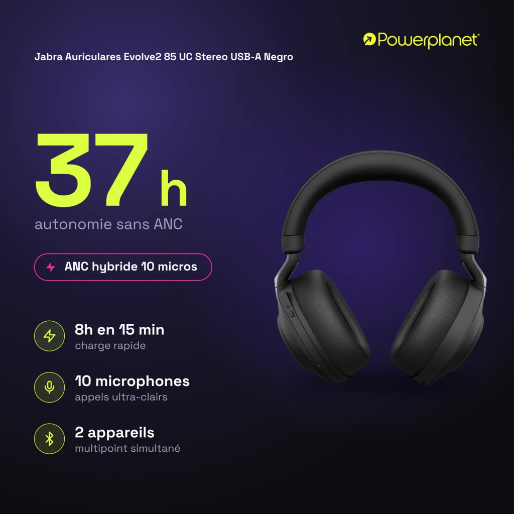 Jabra Evolve2 85 UC Stereo USB-A negro, vista frontal: auriculares con diadema y almohadillas - Ítem4