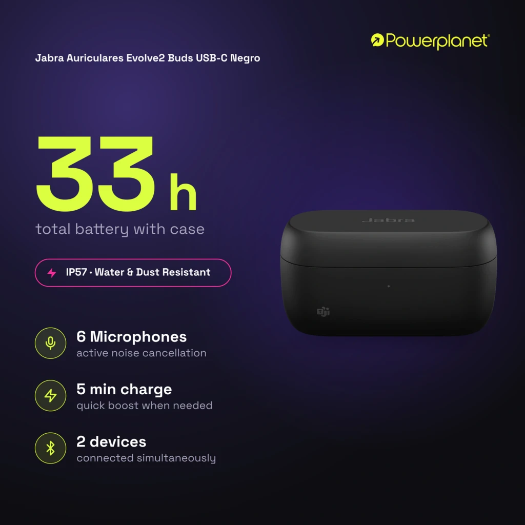 Jabra Evolve2 Buds USB-C noir, étui ouvert: deux écouteurs à l'intérieur vue de dessus - Ítem6