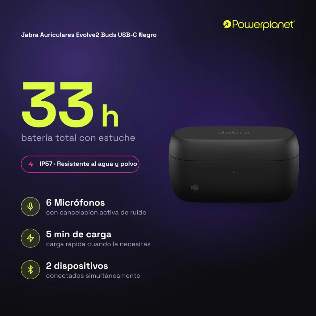 Jabra Evolve2 Buds USB-C noir, étui ouvert: deux écouteurs à l'intérieur vue de dessus - Ítem3