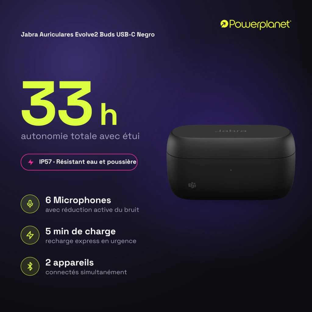 Jabra Evolve2 Buds USB-C noir, étui ouvert: deux écouteurs à l'intérieur vue de dessus - Ítem5