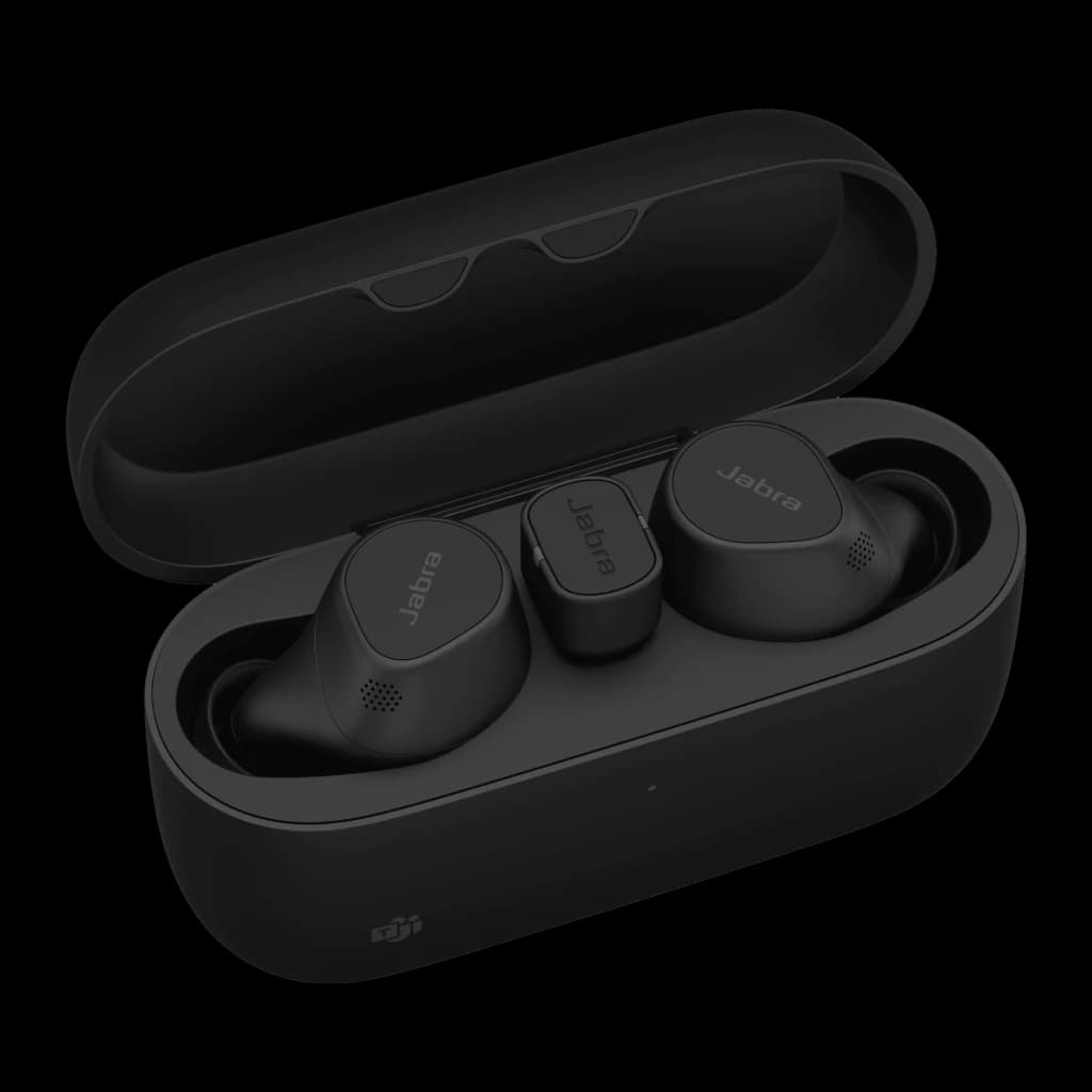 Jabra Evolve2 Buds USB-C negro, estuche abierto: dos auriculares dentro con vista superior
