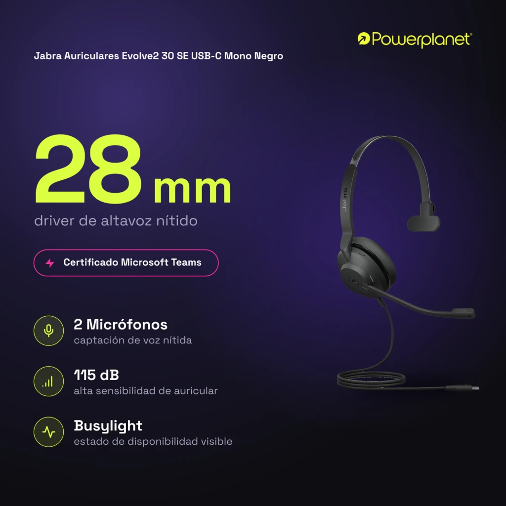 Jabra Evolve2 30 SE USB-C Mono negro, vista frontal: auricular con micrófono articulado y cable USB-C - Ítem5