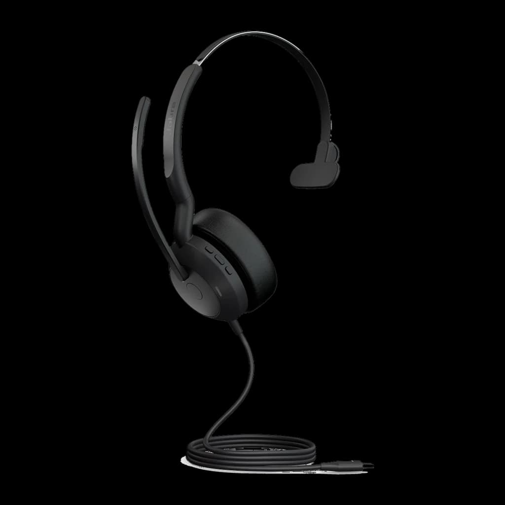 Jabra Evolve2 30 SE USB-C Mono noir, vue arrière: casque avec serre-tête et câble USB-C enroulé