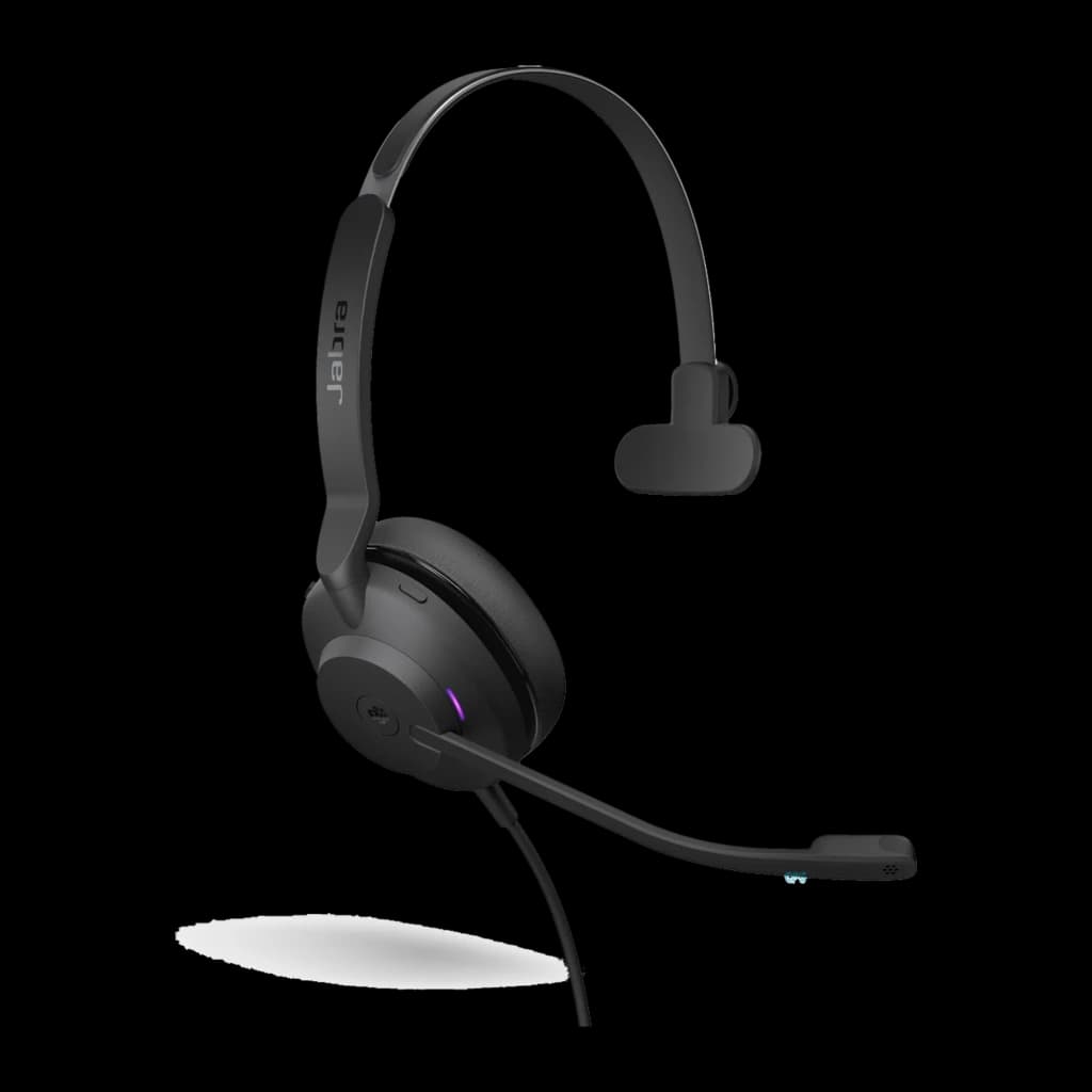 Jabra Evolve2 30 SE USB-C Mono noir, vue latérale: casque avec boutons de contrôle et base de support