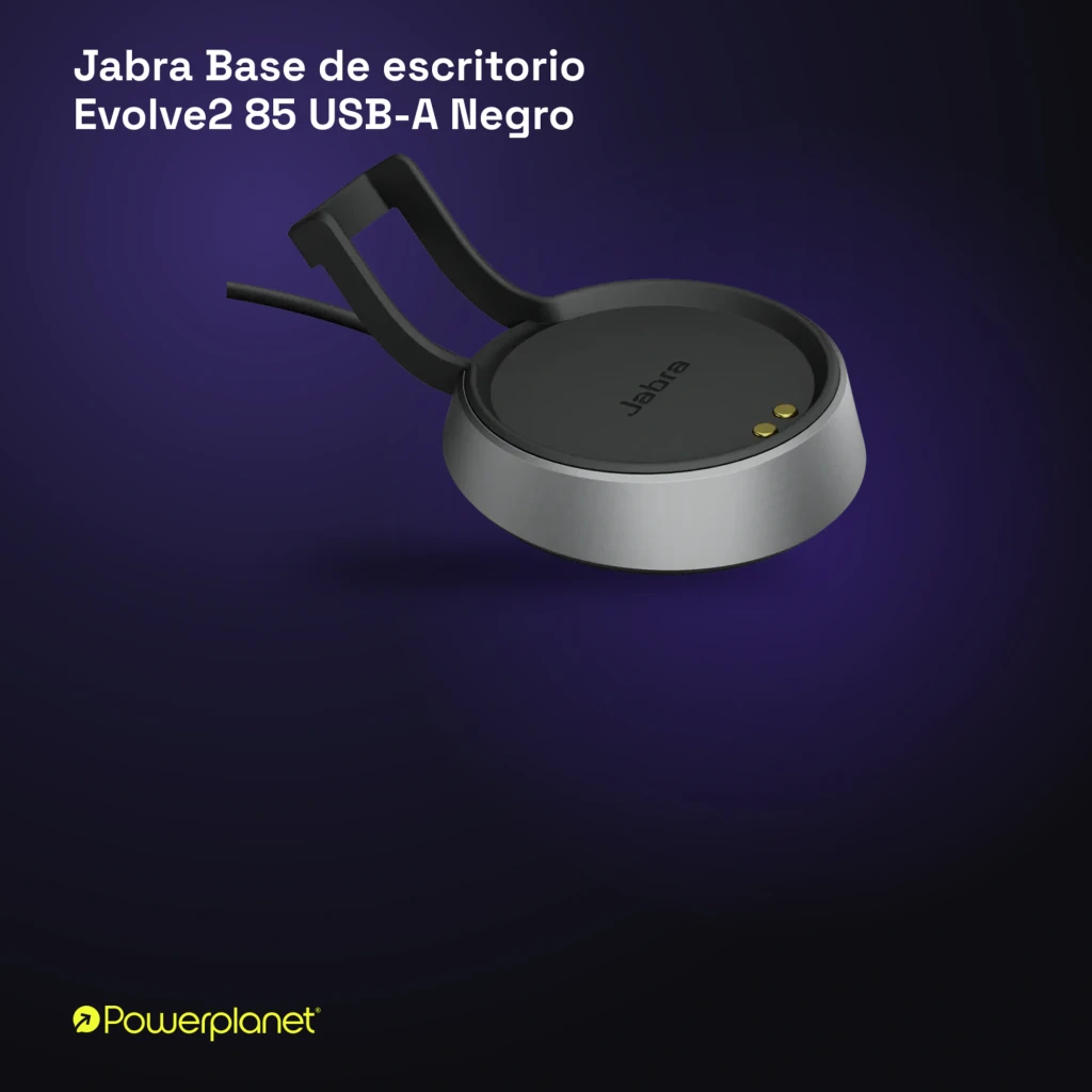 Jabra Base Evolve2 85 USB-A noir, vue en angle: base circulaire avec broches de charge dorées, support et logo Jabra - Ítem3