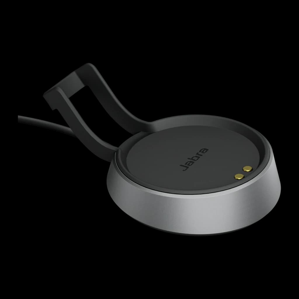 Jabra Base Evolve2 85 USB-A negro, vista en ángulo: base circular con pines de carga dorados, soporte y logo Jabra