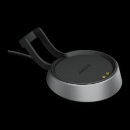 Jabra Base Evolve2 85 USB-A negro, vista en ángulo: base circular con pines de carga dorados, soporte y logo Jabra