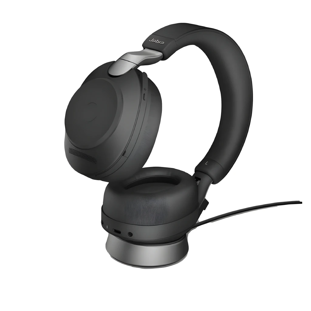 Jabra Base Evolve2 85 USB-A noir, vue en angle: base circulaire avec broches de charge dorées, support et logo Jabra - Ítem5