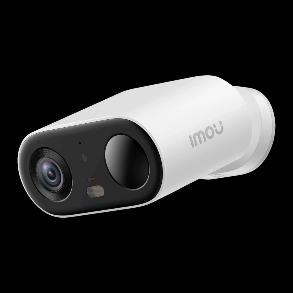 Imou Cell Go Kit Bullet 4GB Blanco, vista frontal lateral: módulo de cámaras negro con lente y sensor, cuerpo blanco con logo