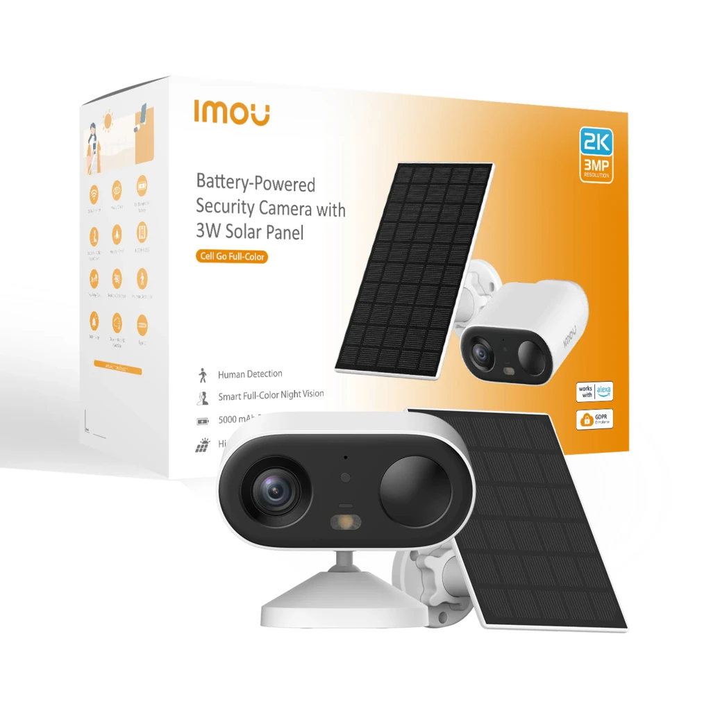 Imou Cell Go Kit Bullet 4GB Blanc, vue avant latérale: module caméra noir avec objectif et capteur, corps blanc avec logo - Ítem3