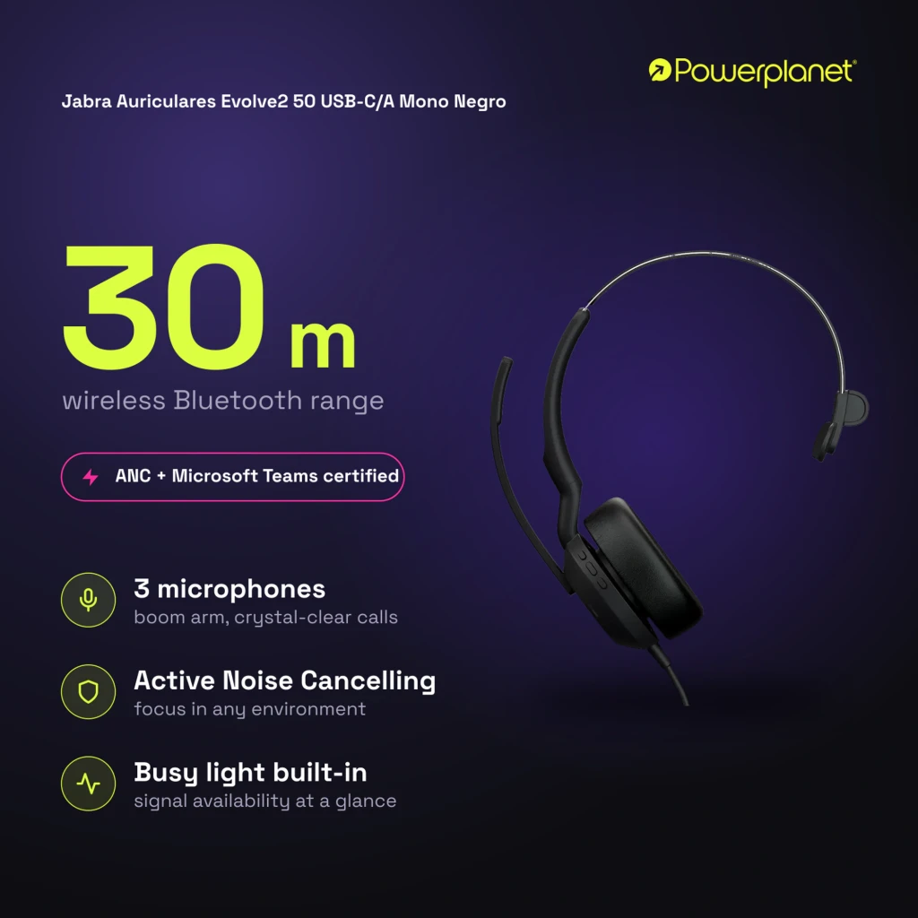Jabra Auriculares Evolve2 50 USB-C/A Mono preto - vista - Item7