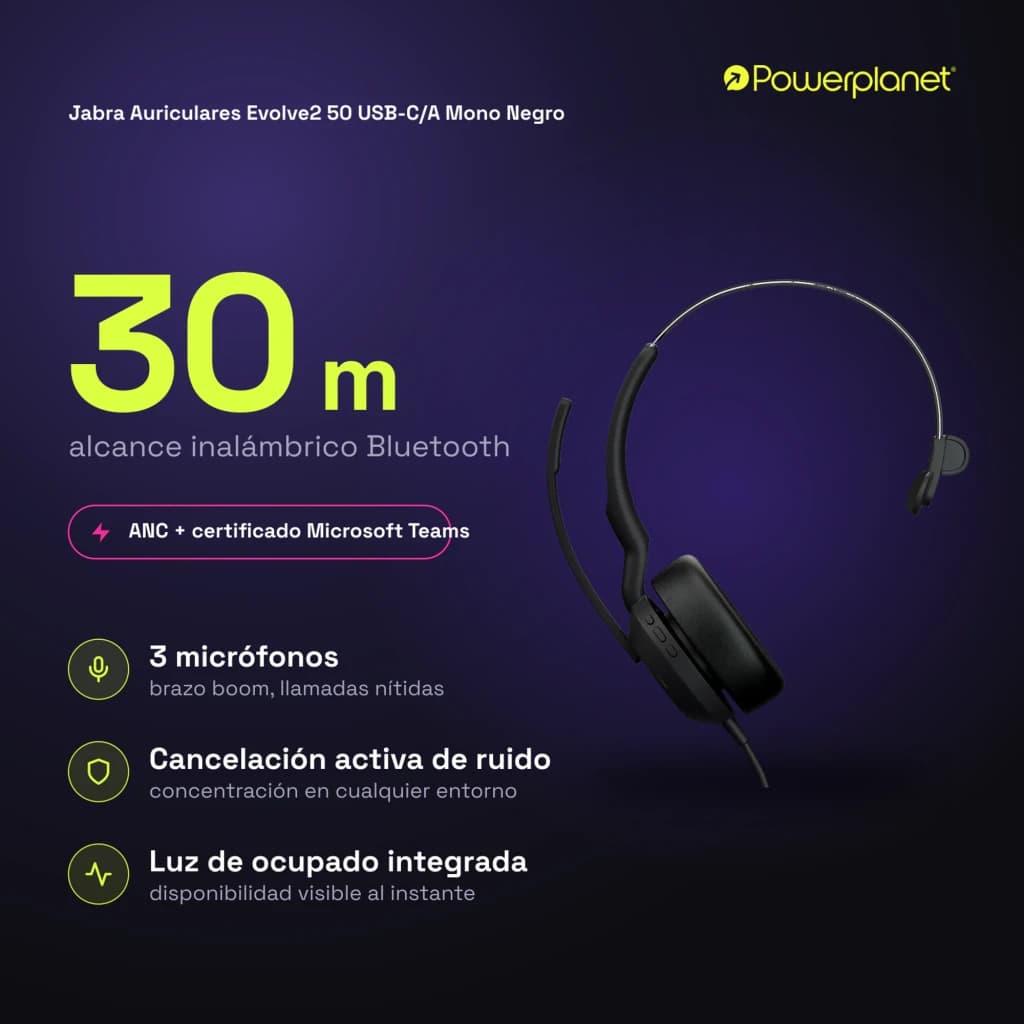 Jabra Auriculares Evolve2 50 USB-C/A Mono noir - caractéristiques