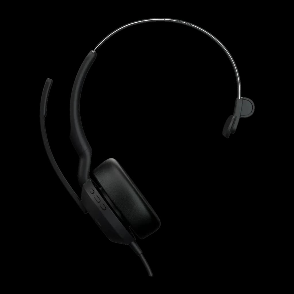 Jabra Evolve2 50 USB-C/A Mono noir, vue latérale: casque avec arceau courbe et microphone perche ajustable
