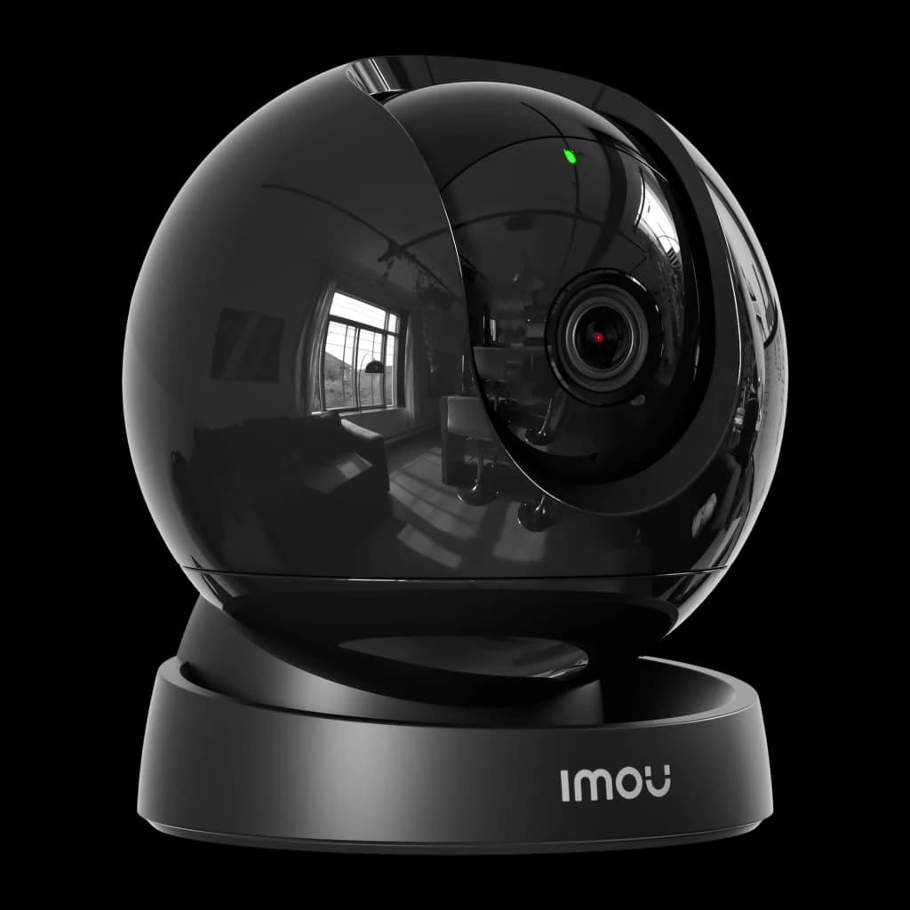 Imou Rex 3D 2K 256GB Negro, vista lateral: lente con IR rojo activo y reflejo de habitación en la esfera