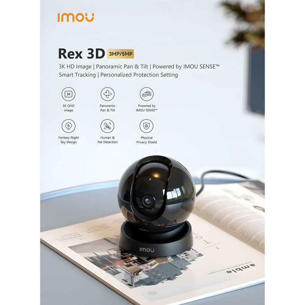 Imou Rex 3D 2K 256GB Noir, vue de face: objectif central, LED verte et base avec logo Imou - Ítem6