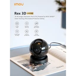 Imou Rex 3D 2K 256GB Negro, infografía: cámara esférica negra sobre revista con iconos de características 3K y pan tilt