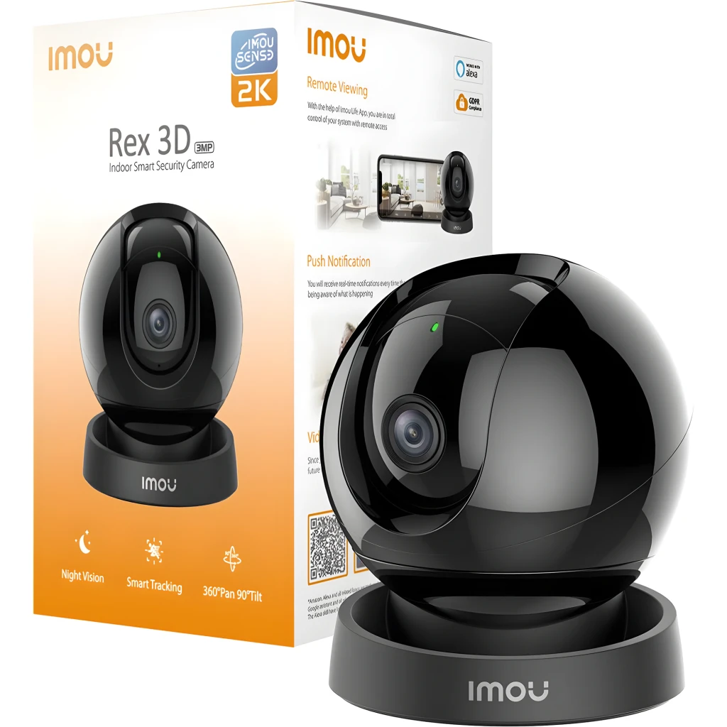 Imou Rex 3D 2K 256GB Noir, vue de face: objectif central, LED verte et base avec logo Imou - Ítem8