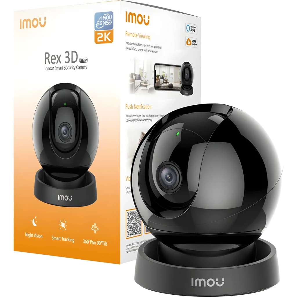Imou Rex 3D 2K 256GB Negro, vista con caja: cámara esférica negra junto a su packaging naranja con especificaciones