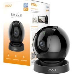 Imou Rex 3D 2K 256GB Negro, vista con caja: cámara esférica negra junto a su packaging naranja con especificaciones
