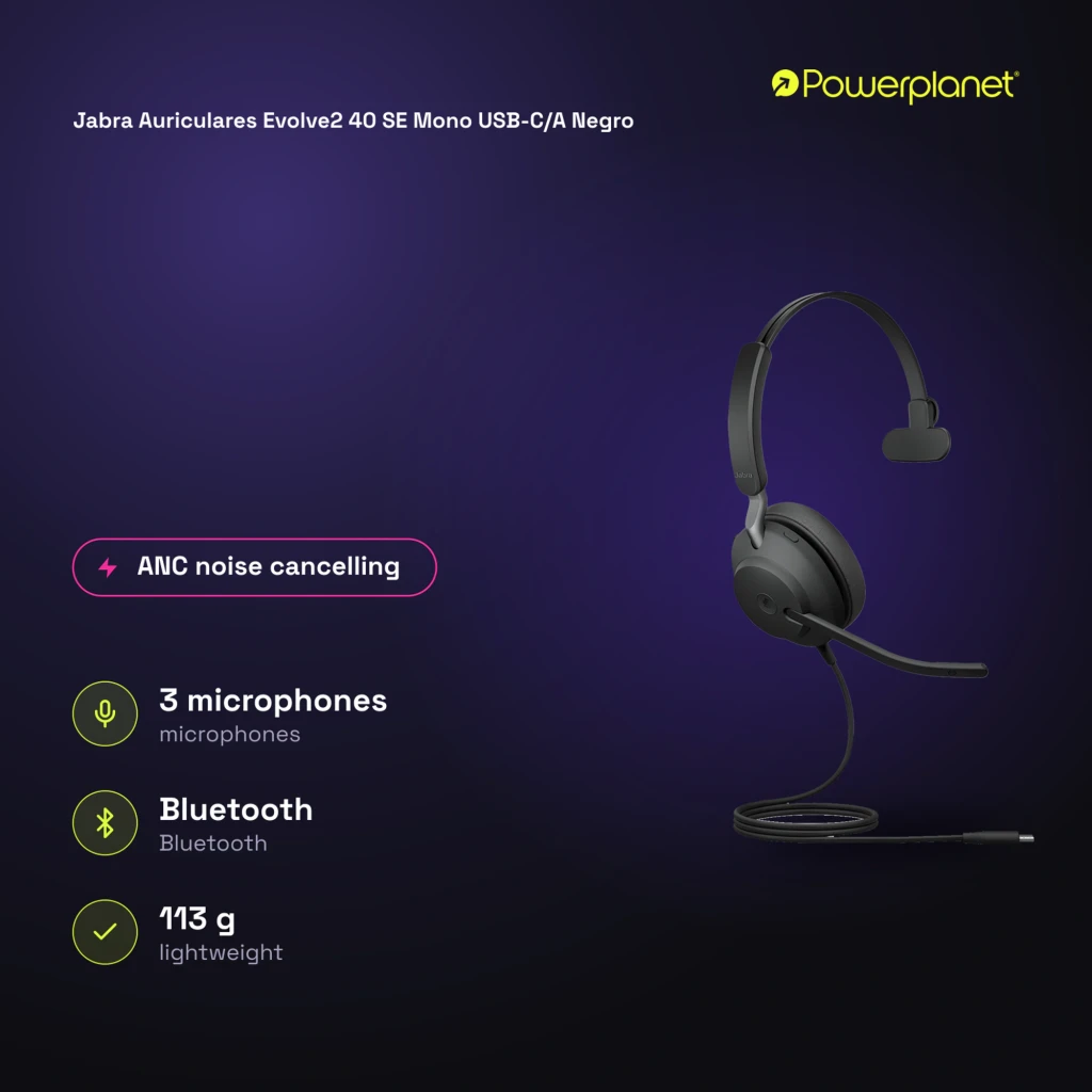 Jabra Evolve2 40 SE Mono negro, vista frontal: auricular con diadema, micrófono y cable USB-C/A - Ítem5